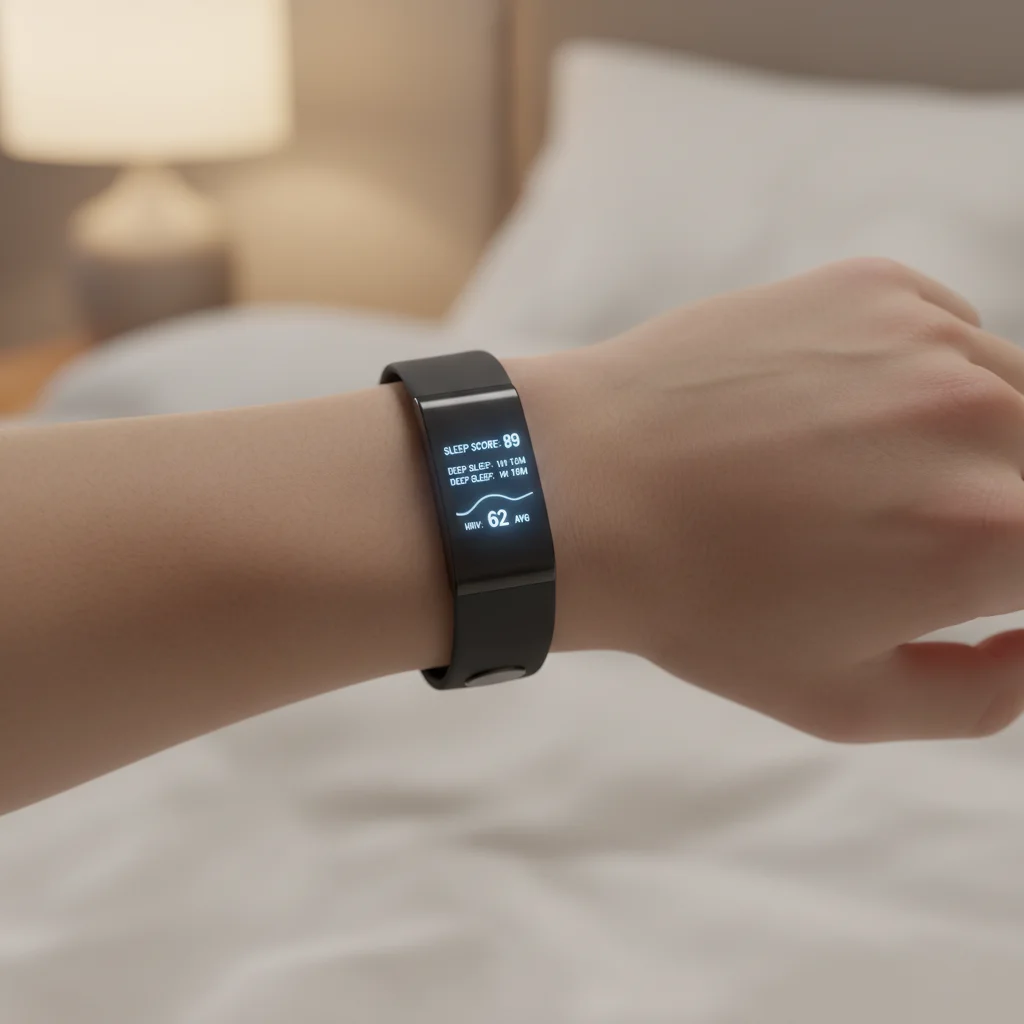 Person wearing a sleek, modern sleep-tracking wearable device on their wrist.