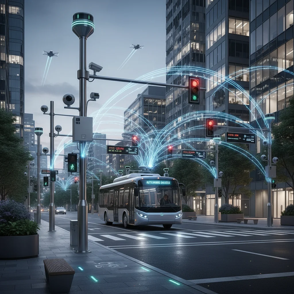 Smart city infrastructure with integrated sensors and connected autonomous shuttle