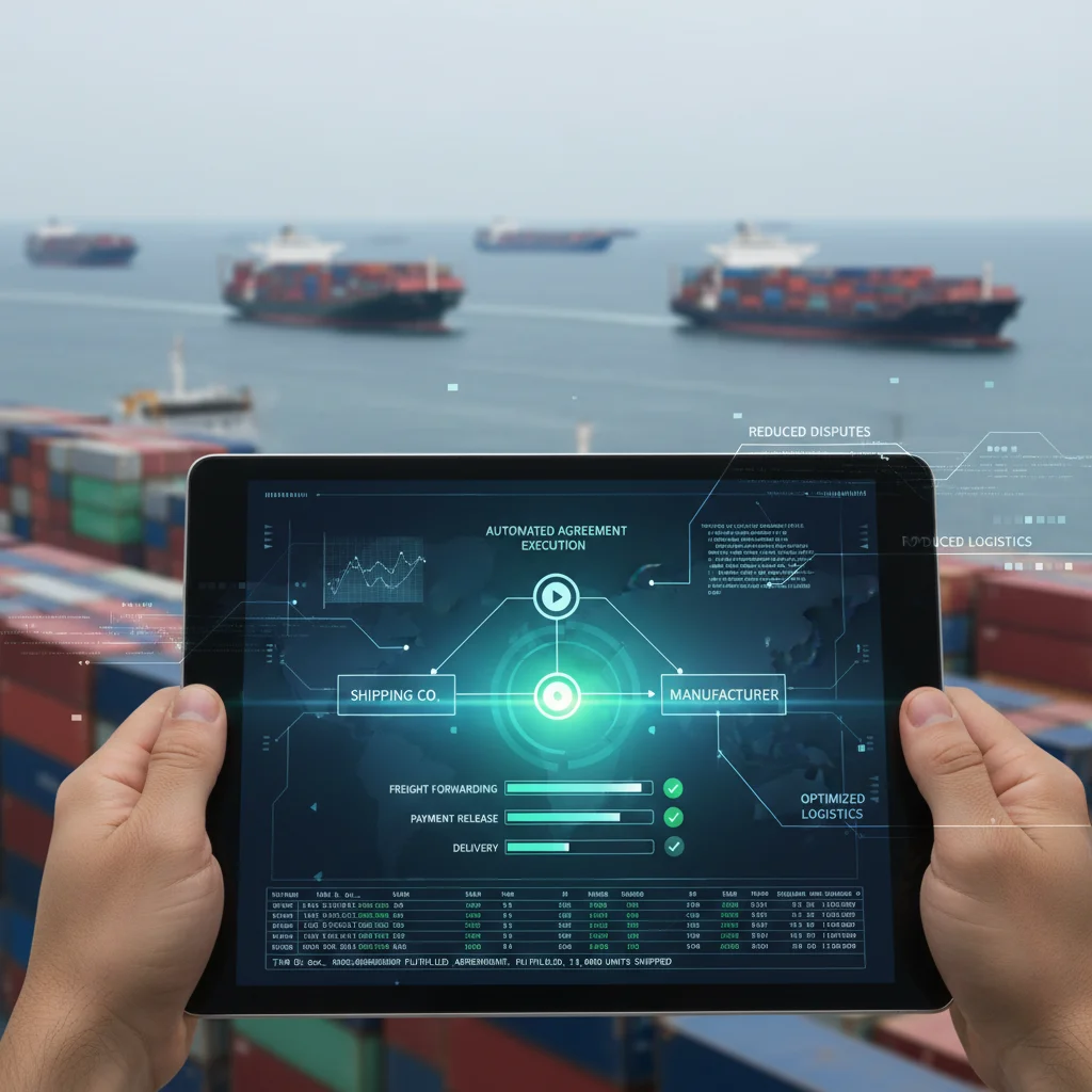 Smart contract interface automating logistics agreements between a manufacturer and shipping company, with cargo ships.