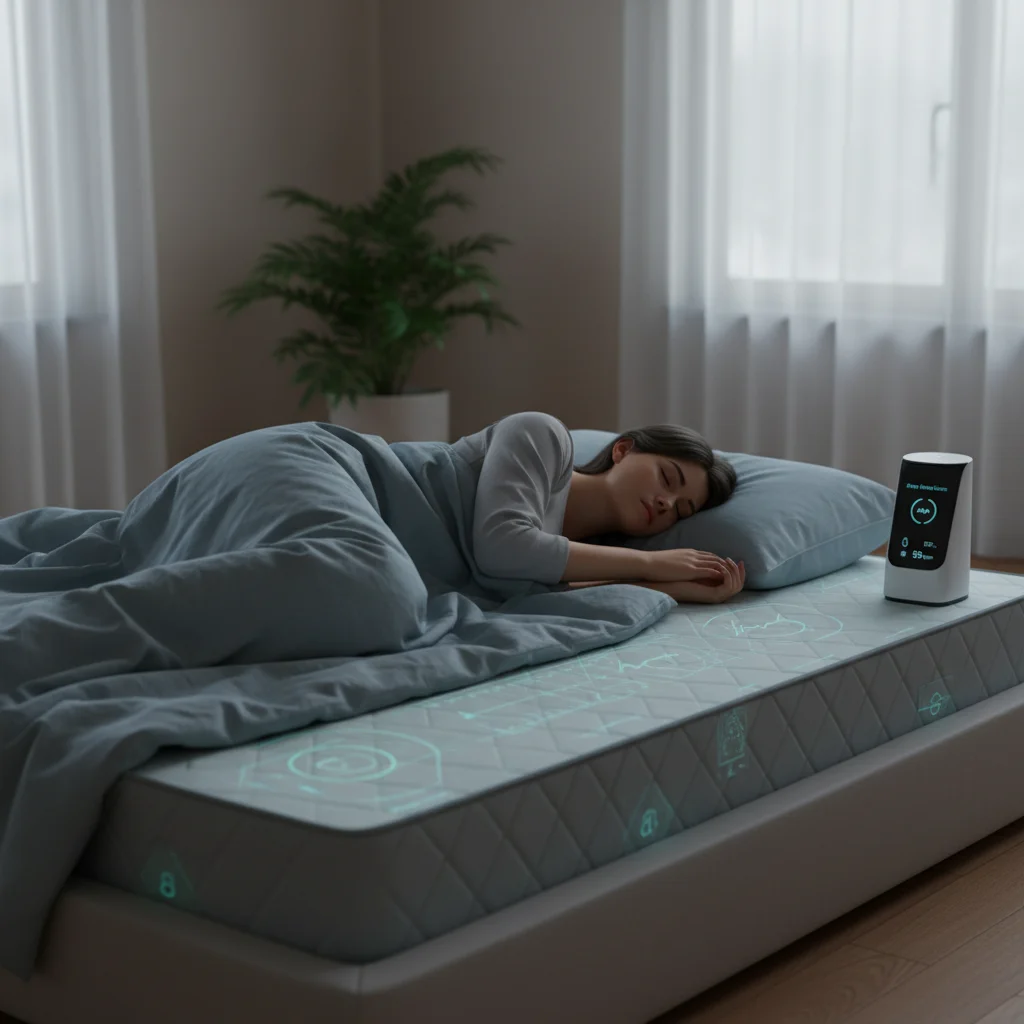 Person sleeping soundly on a smart mattress with integrated sleep optimization technology.