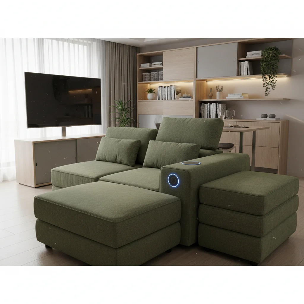 Smart modular sofa reconfiguring into multiple layouts for small spaces