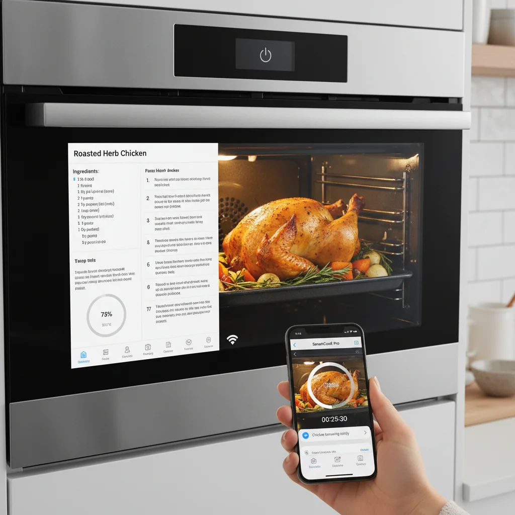 Smart oven with touchscreen interface and connected mobile app for remote cooking control.