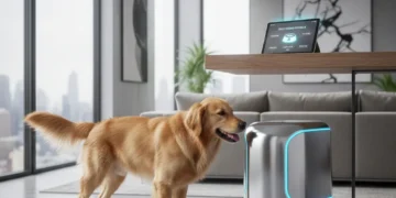 Golden retriever eagerly eating from a smart pet feeder, showcasing modern pet tech.