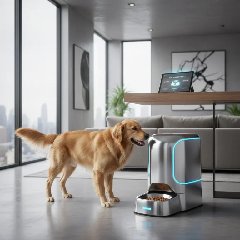 Golden retriever eagerly eating from a smart pet feeder, showcasing modern pet tech.