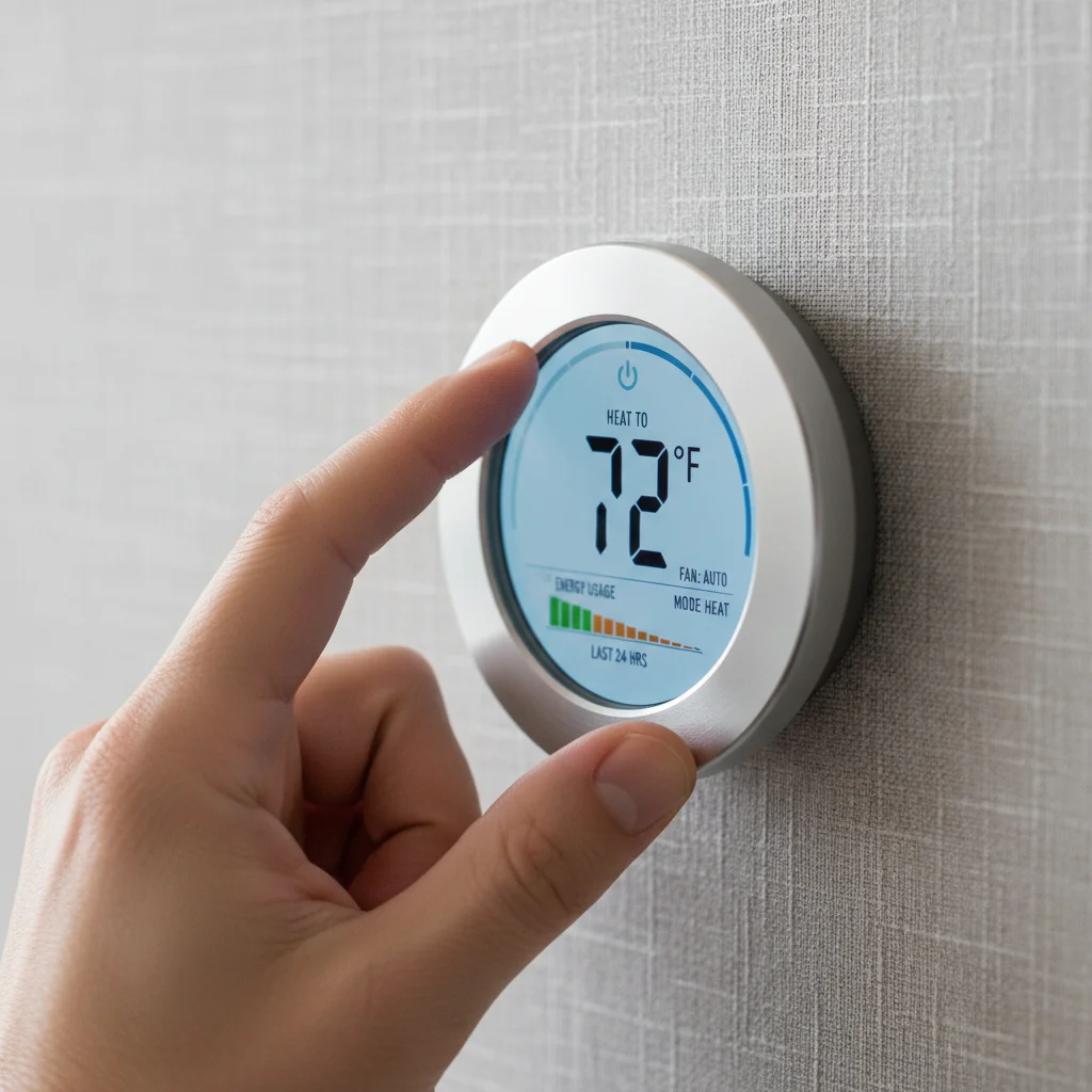 Hand adjusting a smart thermostat for optimal home energy management