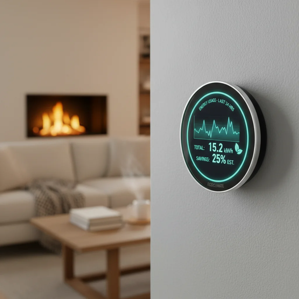 Smart thermostat showing energy savings in a modern home environment