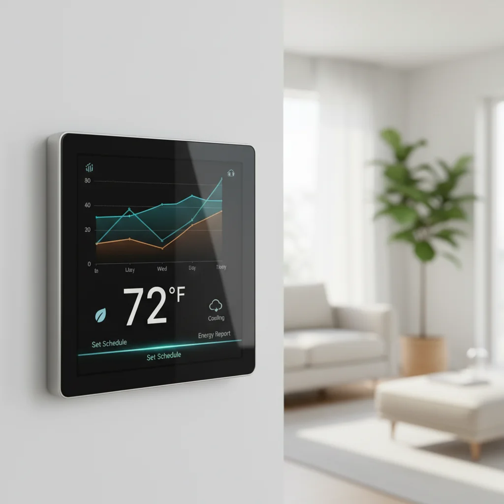 Modern smart thermostat displaying energy savings and climate control.
