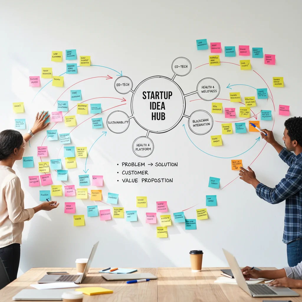 Brainstorming session with sticky notes and diagrams for startup idea generation.