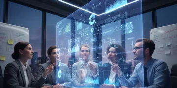 Entrepreneurs collaborating on a holographic business idea, symbolizing innovative startup idea cultivation.