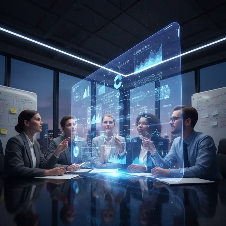 Entrepreneurs collaborating on a holographic business idea, symbolizing innovative startup idea cultivation.