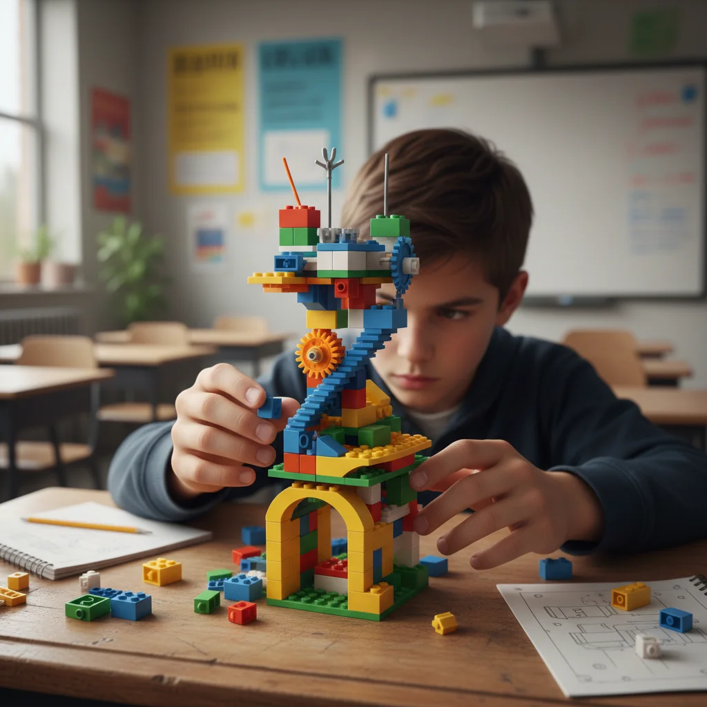Student using building blocks for visual problem-solving