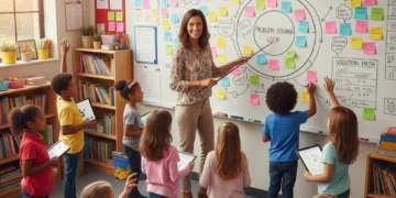Students and teacher collaborating on visual thinking strategies in a classroom