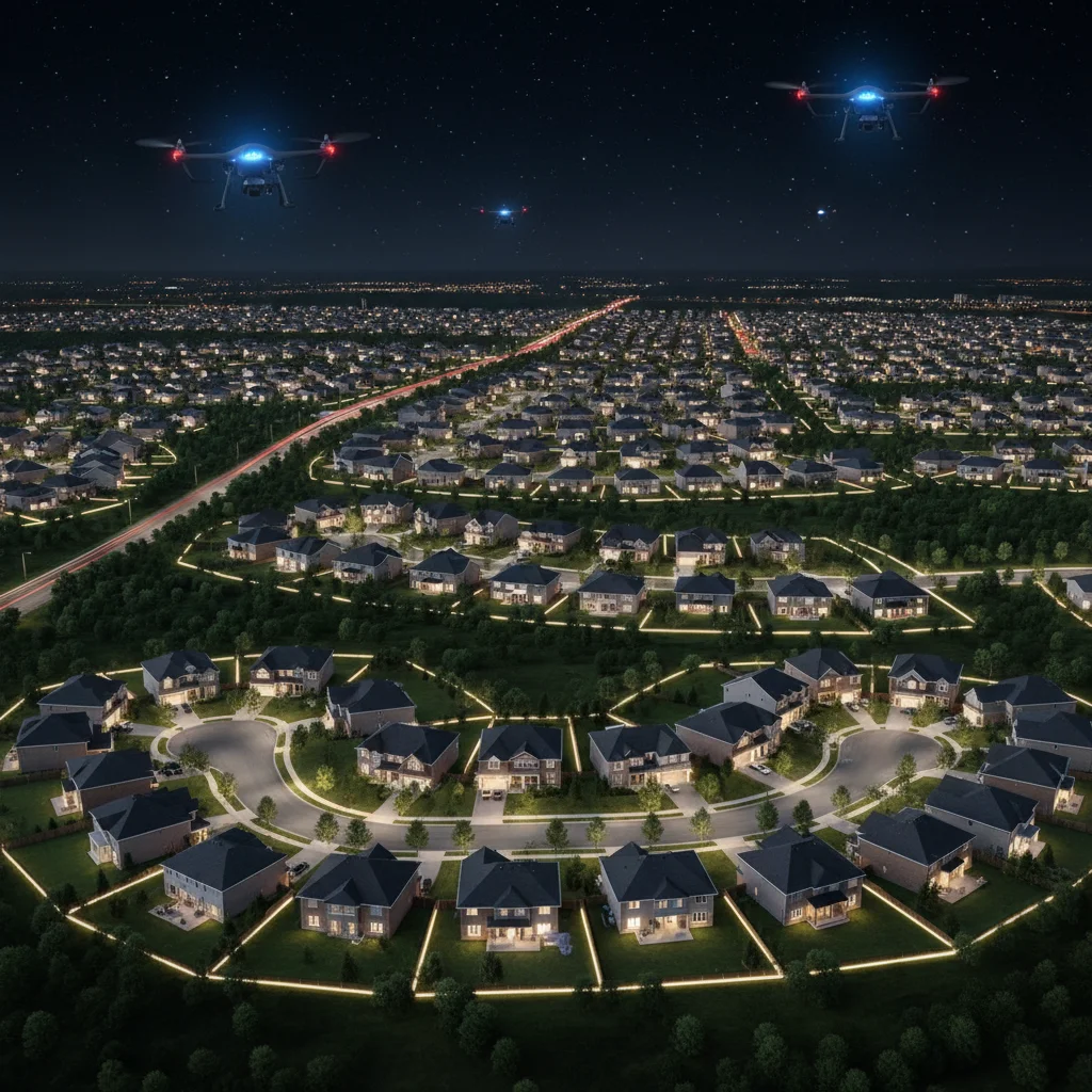 Suburban neighborhood with integrated perimeter defense and drone surveillance