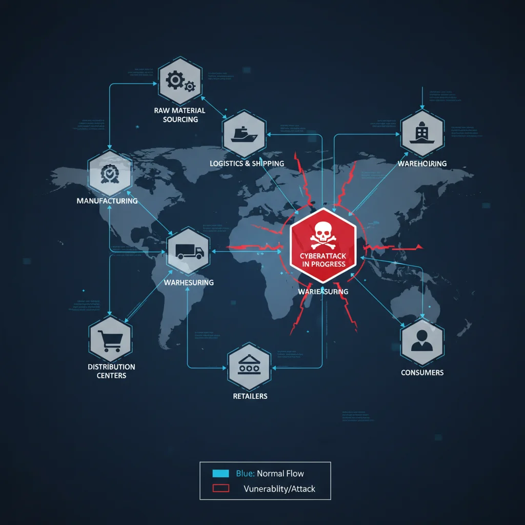 Supply chain attack illustration with vulnerable links highlighted.