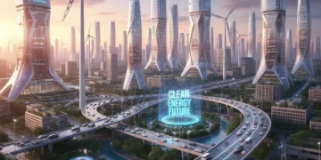 Futuristic cityscape powered by diverse renewable energy sources like wind and solar, symbolizing sustainable energy growth.