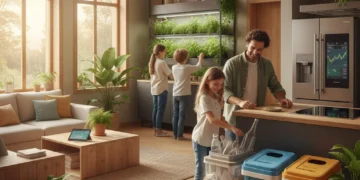 Family enjoying sustainable living in a modern, eco-friendly home, saving money