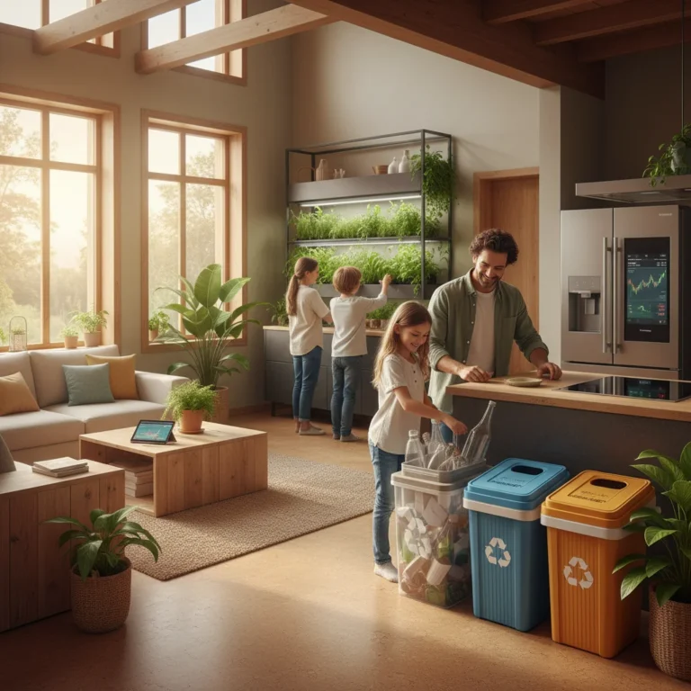 Family enjoying sustainable living in a modern, eco-friendly home, saving money