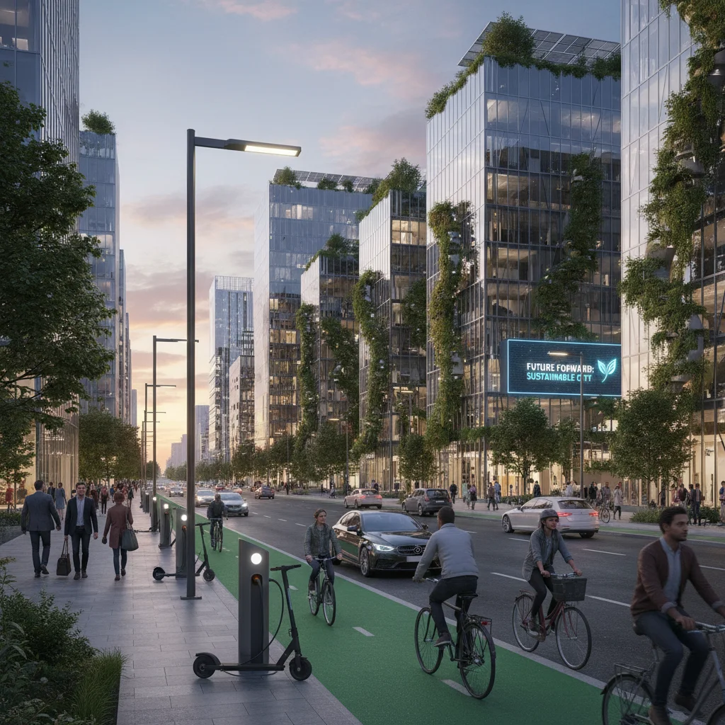 Urban street with electric vehicles, bicycles, green infrastructure, showcasing sustainable transportation