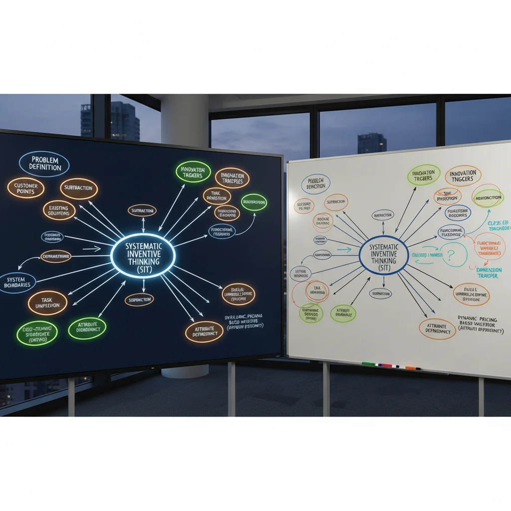 Systematic Inventive Thinking (SIT) concept map on a whiteboard