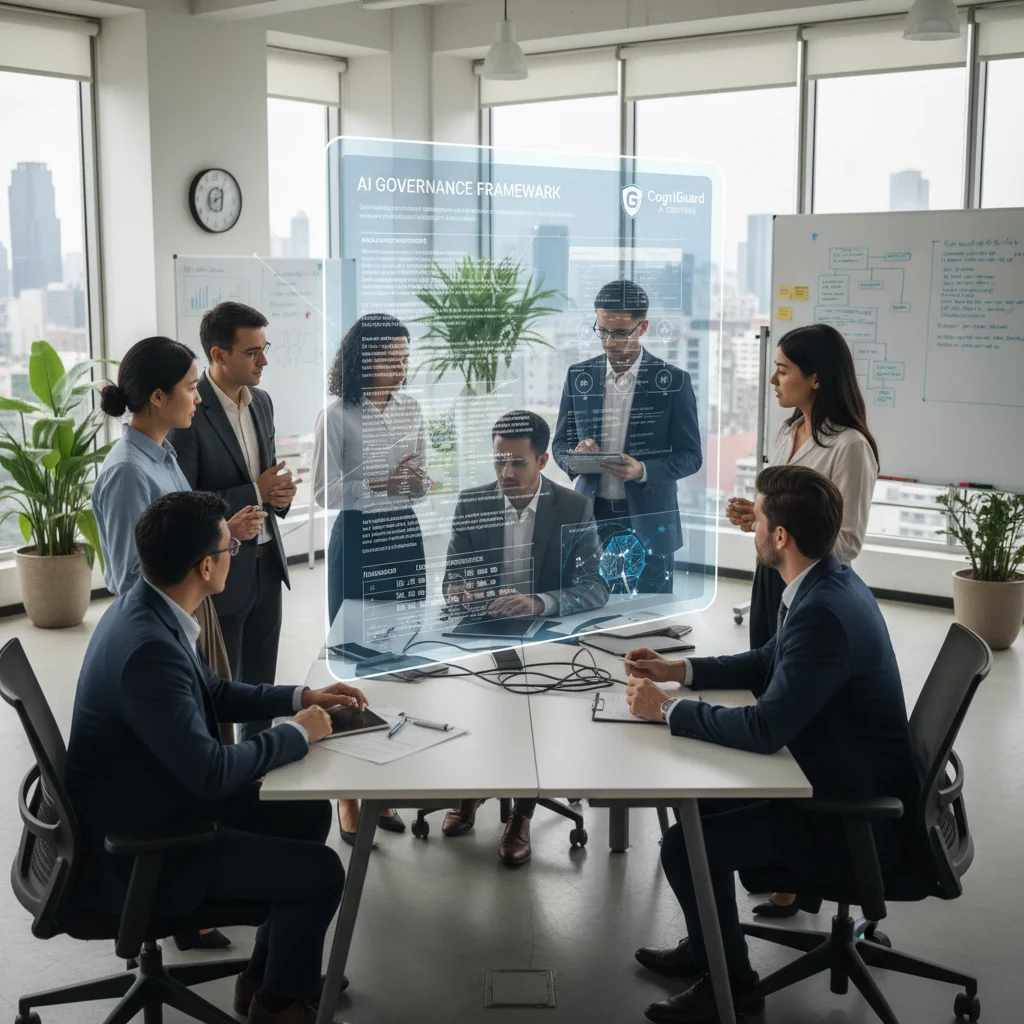 Diverse team reviewing AI compliance documents in a modern office