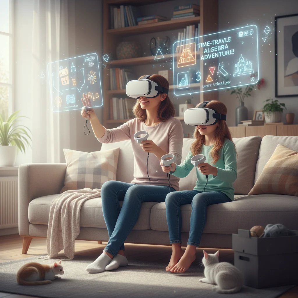 Parent and child wearing VR headsets, engaged in a virtual educational game, symbolizing modern family technology use.