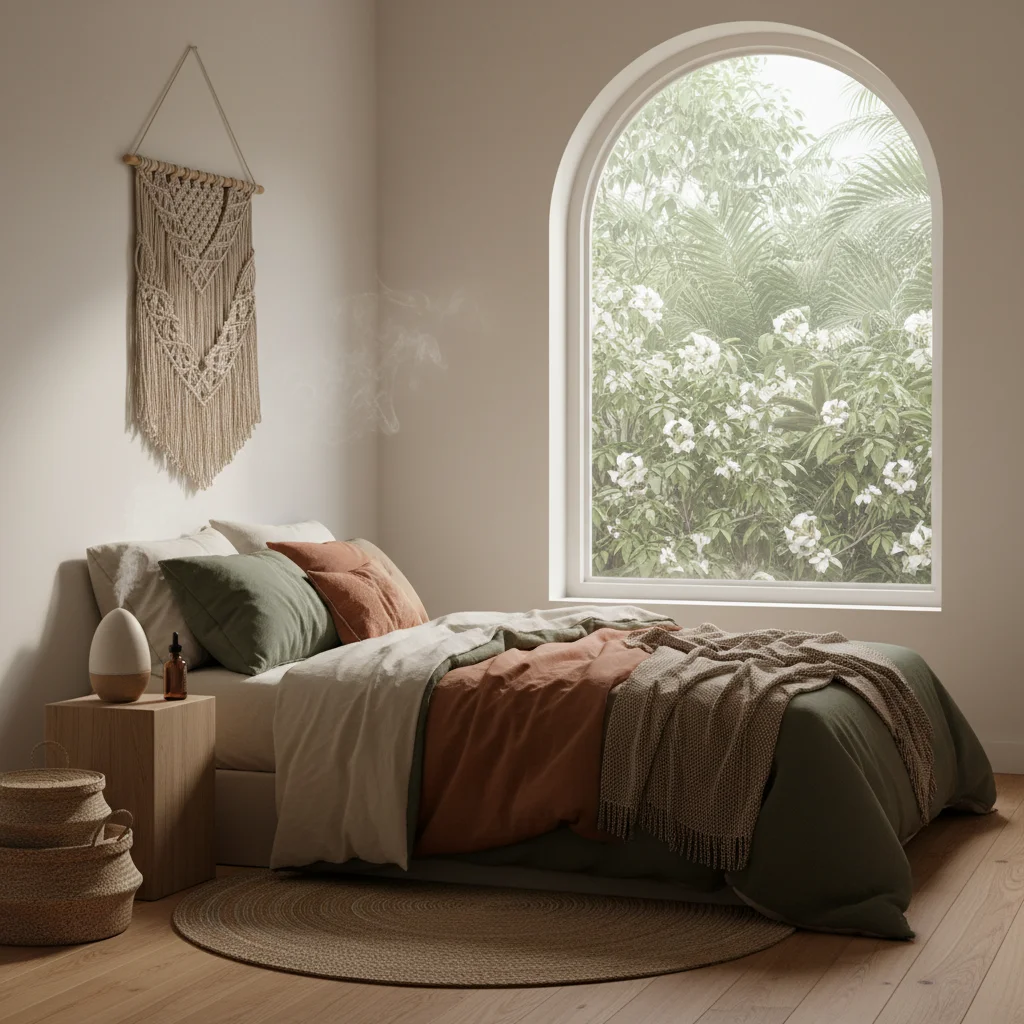 Tranquil bedroom with organic linens and essential oil diffuser for relaxation
