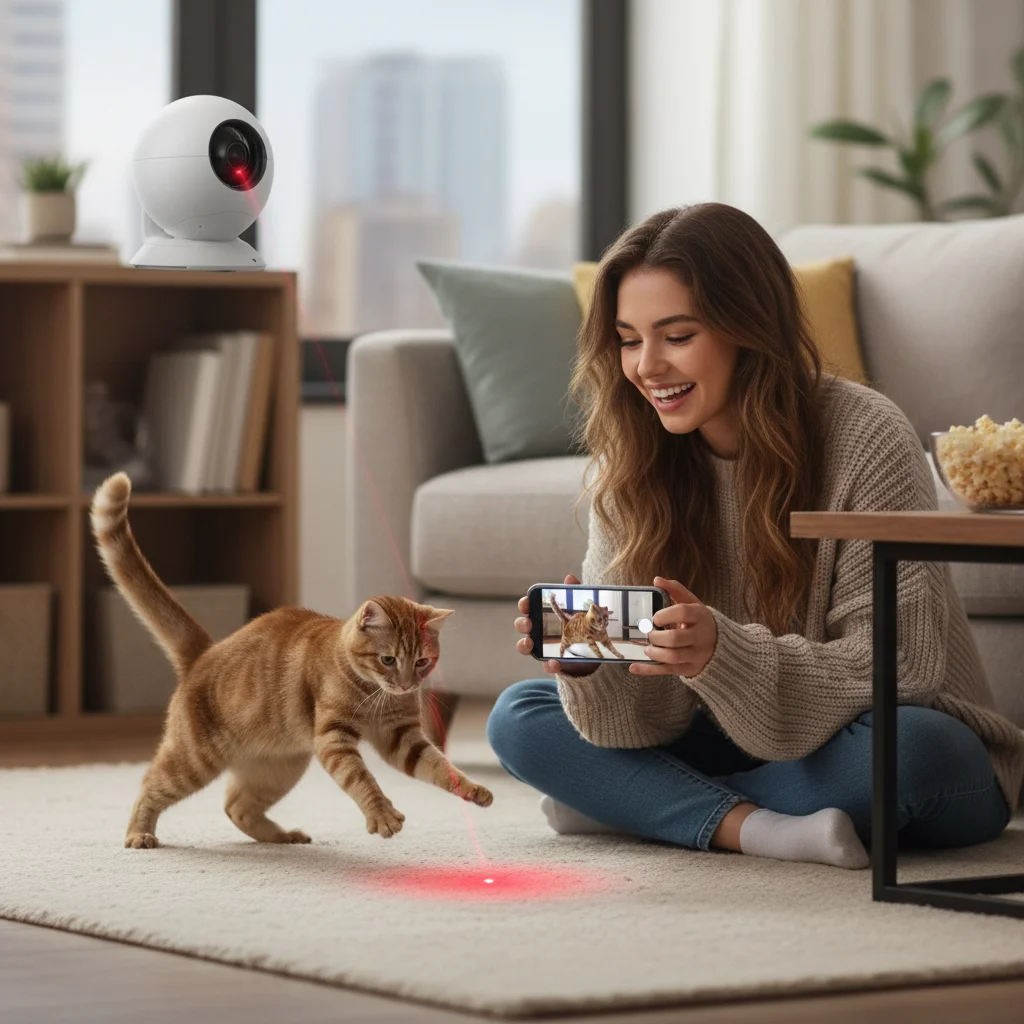 Cat playing with laser from an interactive pet camera, owner watching on phone.