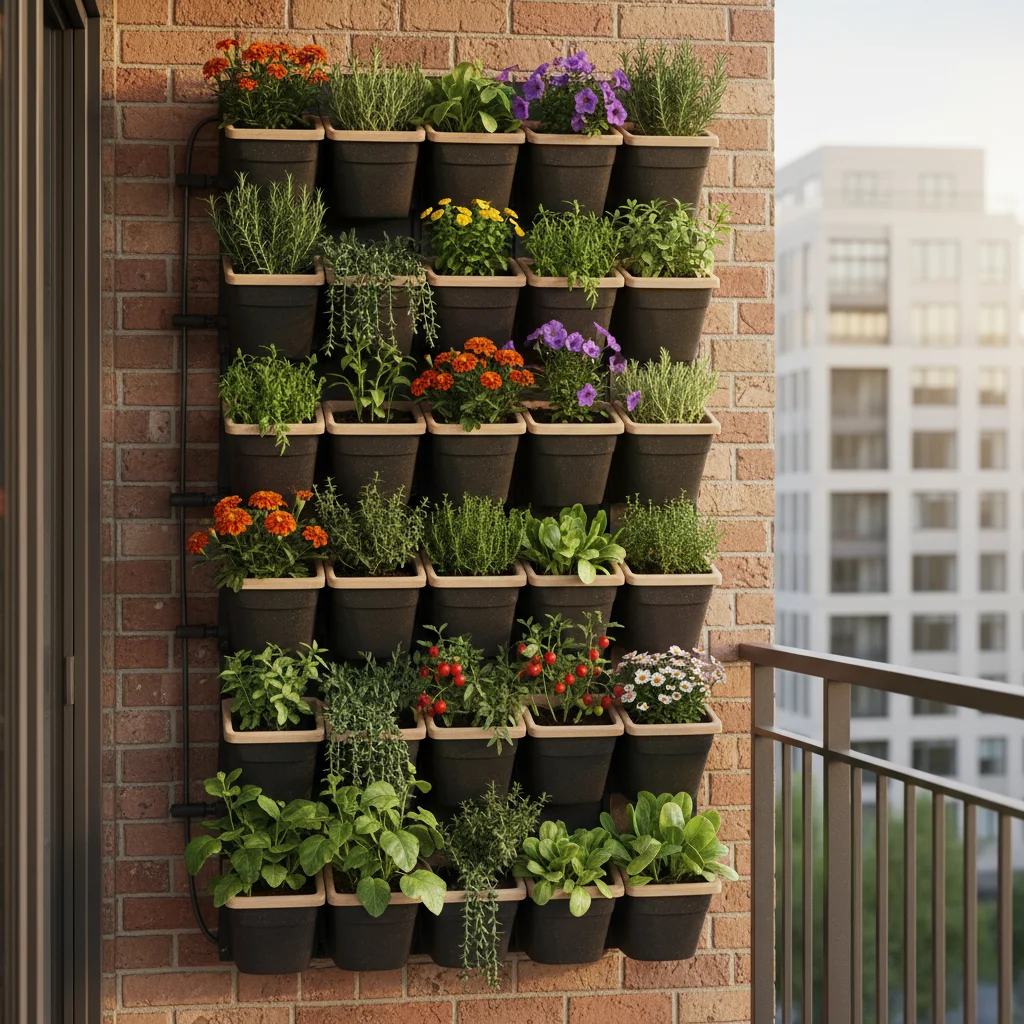 Vertical garden on a small urban balcony