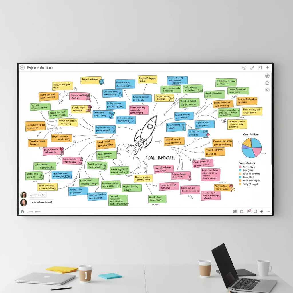 Virtual whiteboard filled with diverse brainstorming ideas from remote team