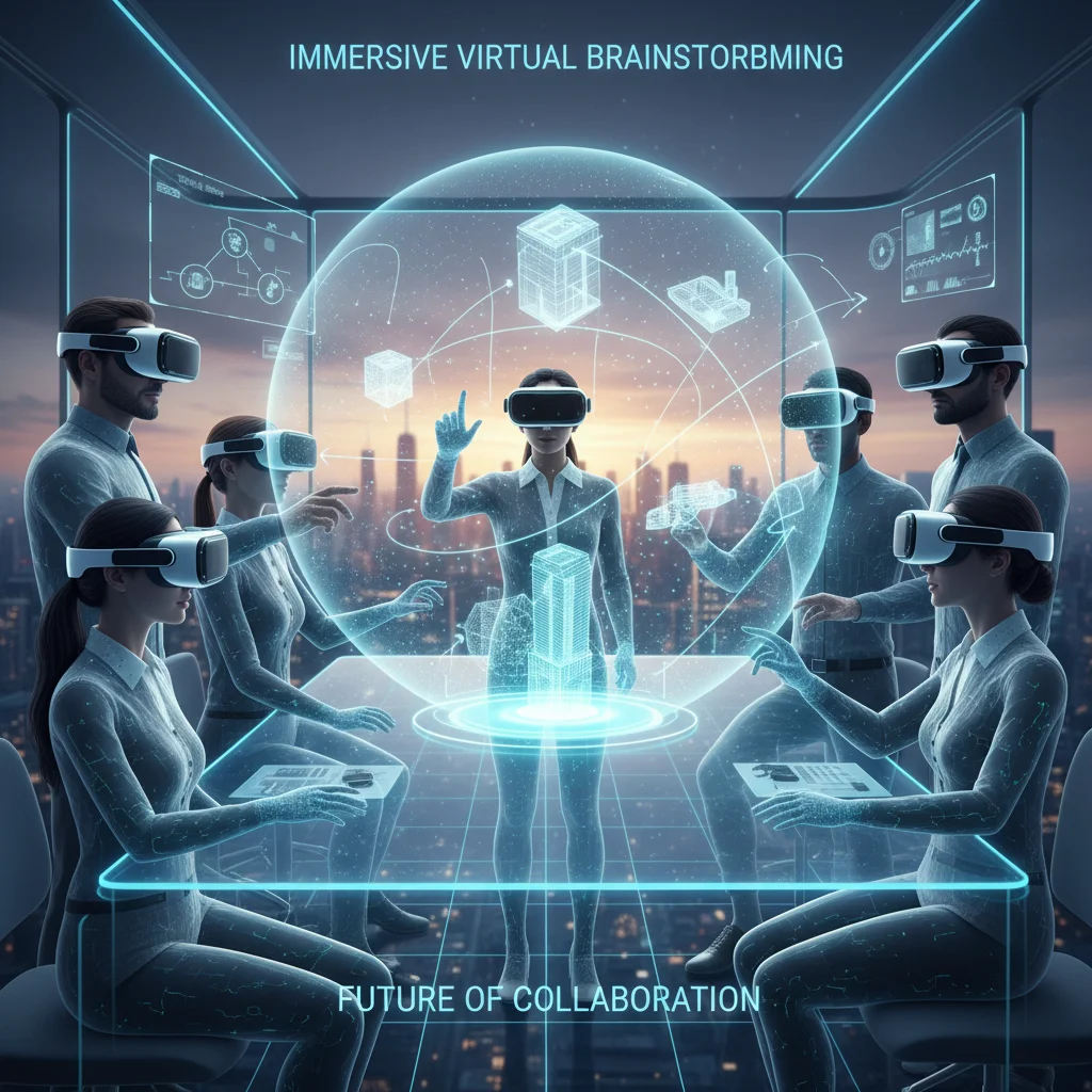 Professionals using VR headsets for immersive virtual reality brainstorming and collaborative ideation.