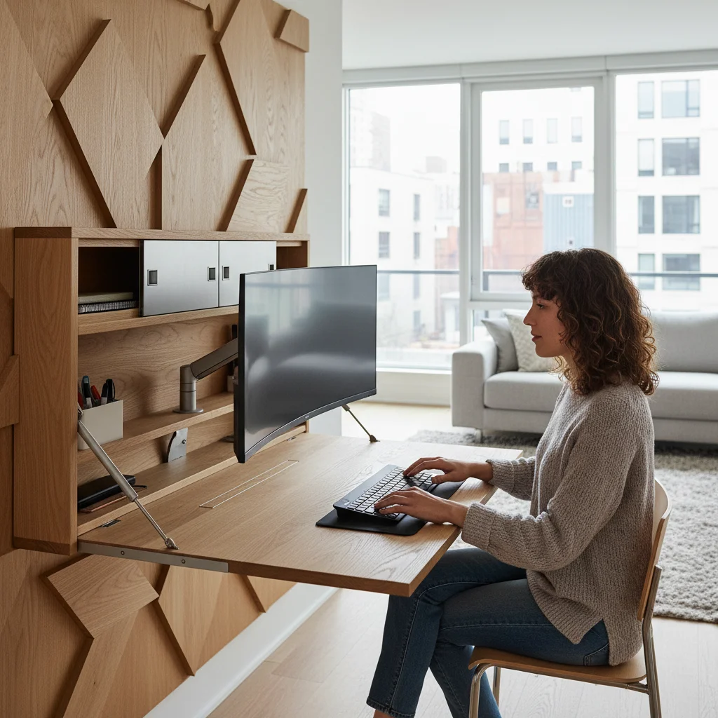 Wall-mounted smart desk unit folding out for work in a small apartment