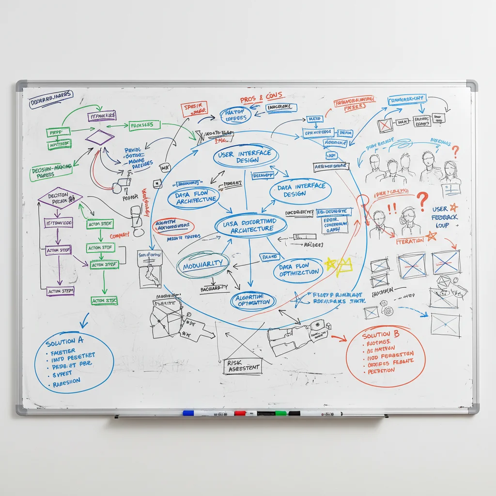 Mind maps and flowcharts on a whiteboard illustrating visual thinking