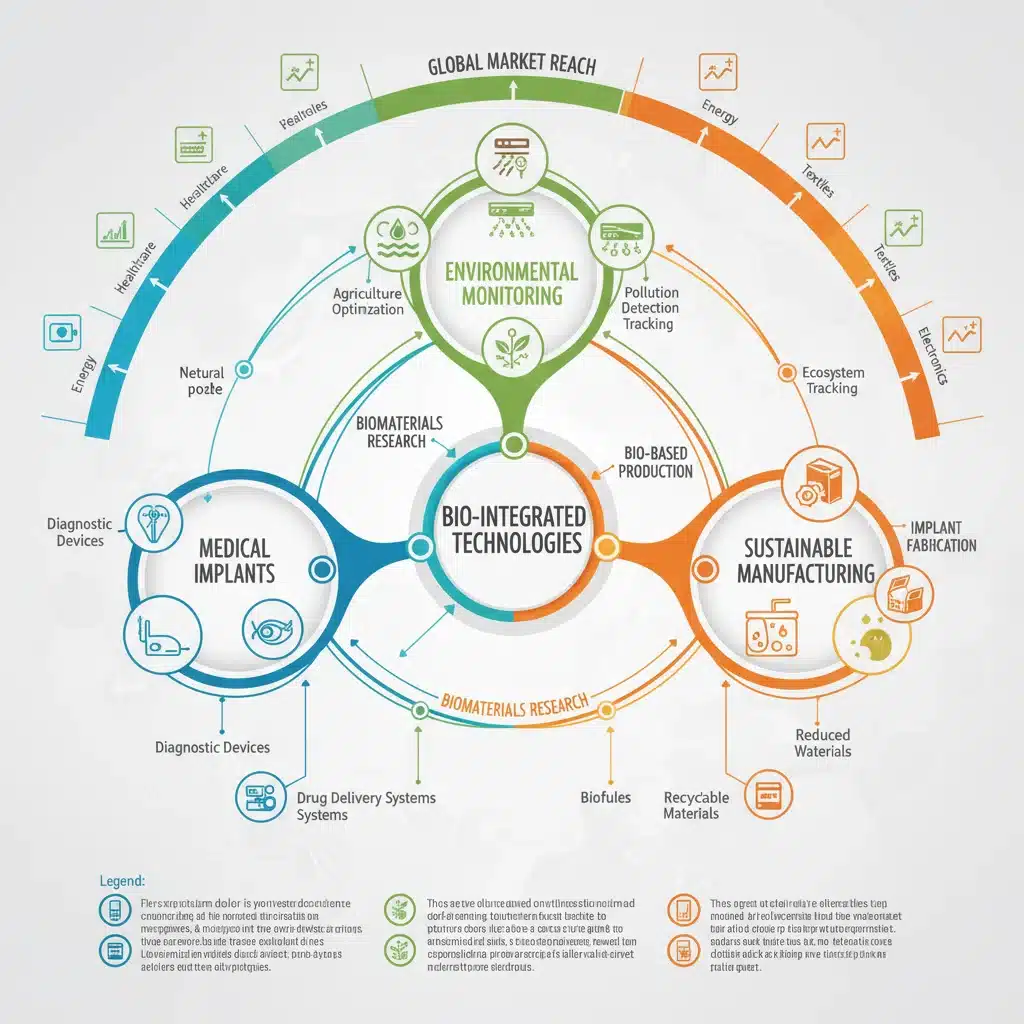 Infographic showing diverse applications of bio-integrated technologies.