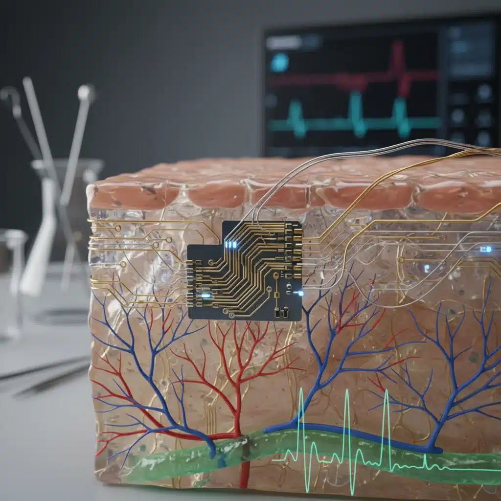 Close-up of a bio-sensor device integrated with synthetic skin.