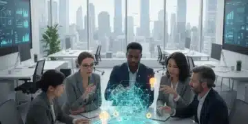 Professionals collaborating on creative problem solving with holographic technology