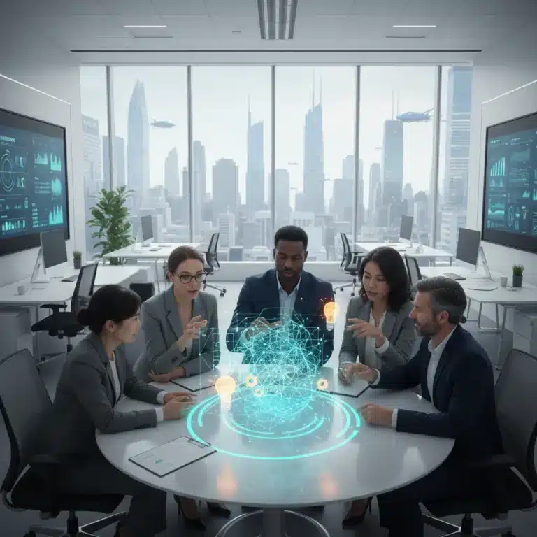 Professionals collaborating on creative problem solving with holographic technology