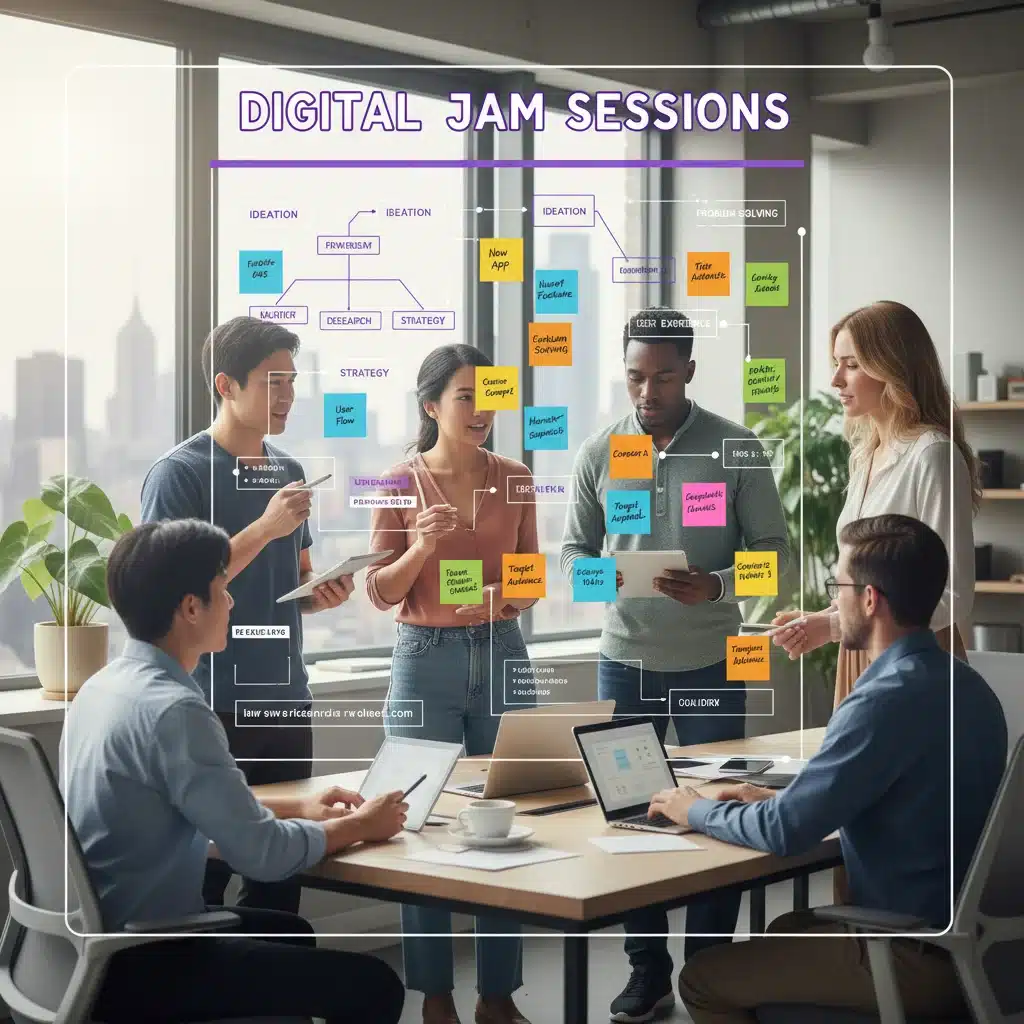 Diverse team collaborating on a digital whiteboard, demonstrating effective digital brainstorming techniques.