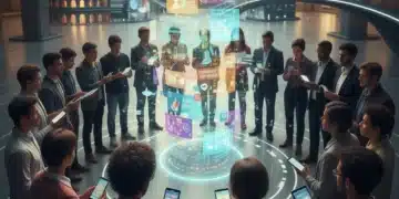 Diverse individuals engaging with digital cultural stories on holographic displays, symbolizing authentic representation in the digital age.