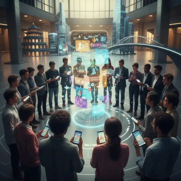 Diverse individuals engaging with digital cultural stories on holographic displays, symbolizing authentic representation in the digital age.