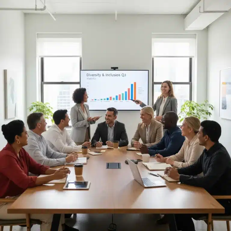 Diverse professionals collaborating in an inclusive American workplace meeting