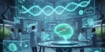 Scientists analyzing bio-integrated technology data in a futuristic lab.