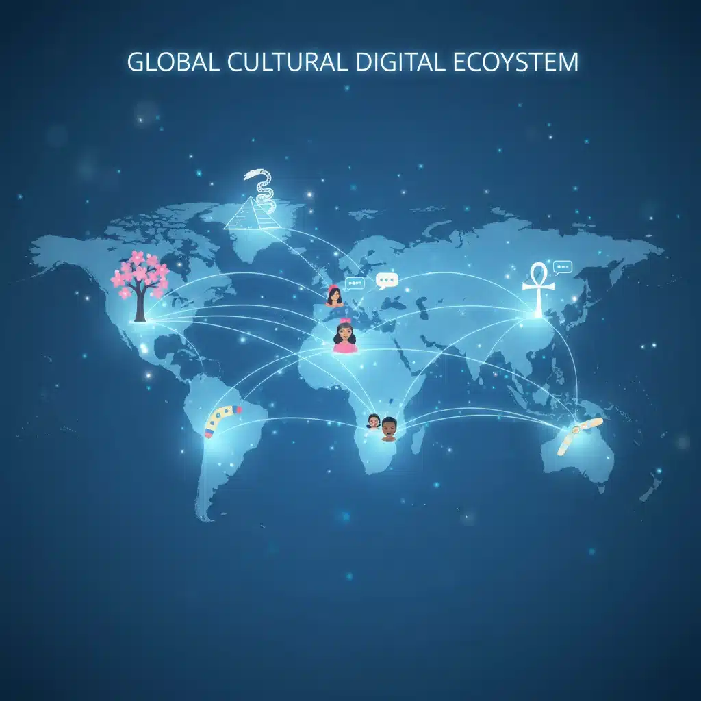 Global digital network connecting cultural symbols and diverse avatars, representing collaborative cross-cultural storytelling online.