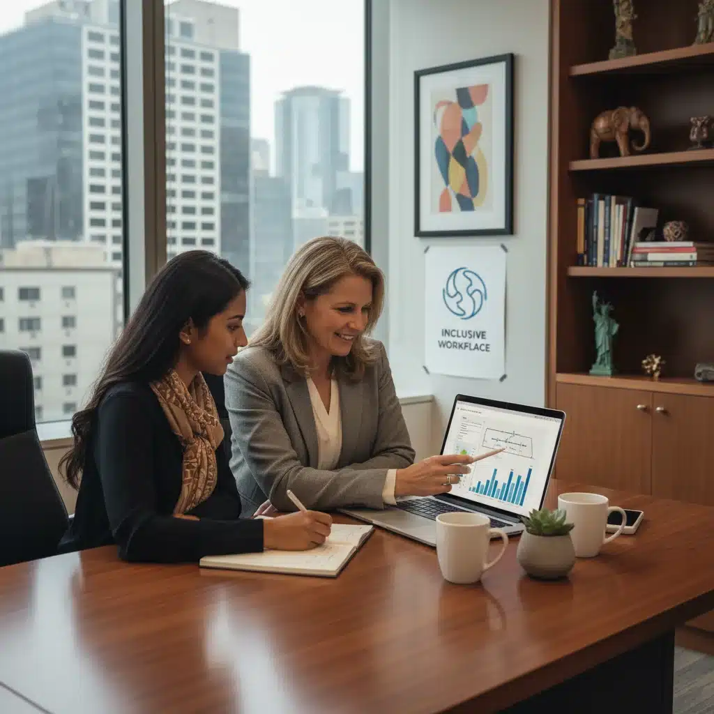 HR manager mentoring diverse employee, fostering career growth