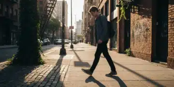 A person walks on a cracked urban sidewalk, observing details, bathed in warm golden hour light, symbolizing creative inspiration from daily life.