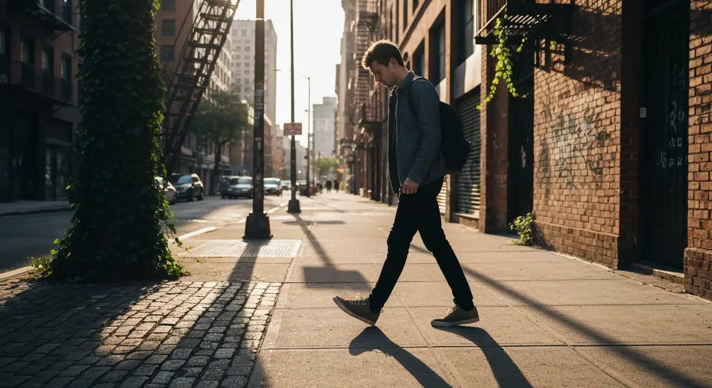 A person walks on a cracked urban sidewalk, observing details, bathed in warm golden hour light, symbolizing creative inspiration from daily life.