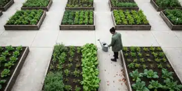 An aerial view of an urban community garden with geometric pathways, a person in a green jacket tending to plants, symbolizing creative problem-solving in modern city living.