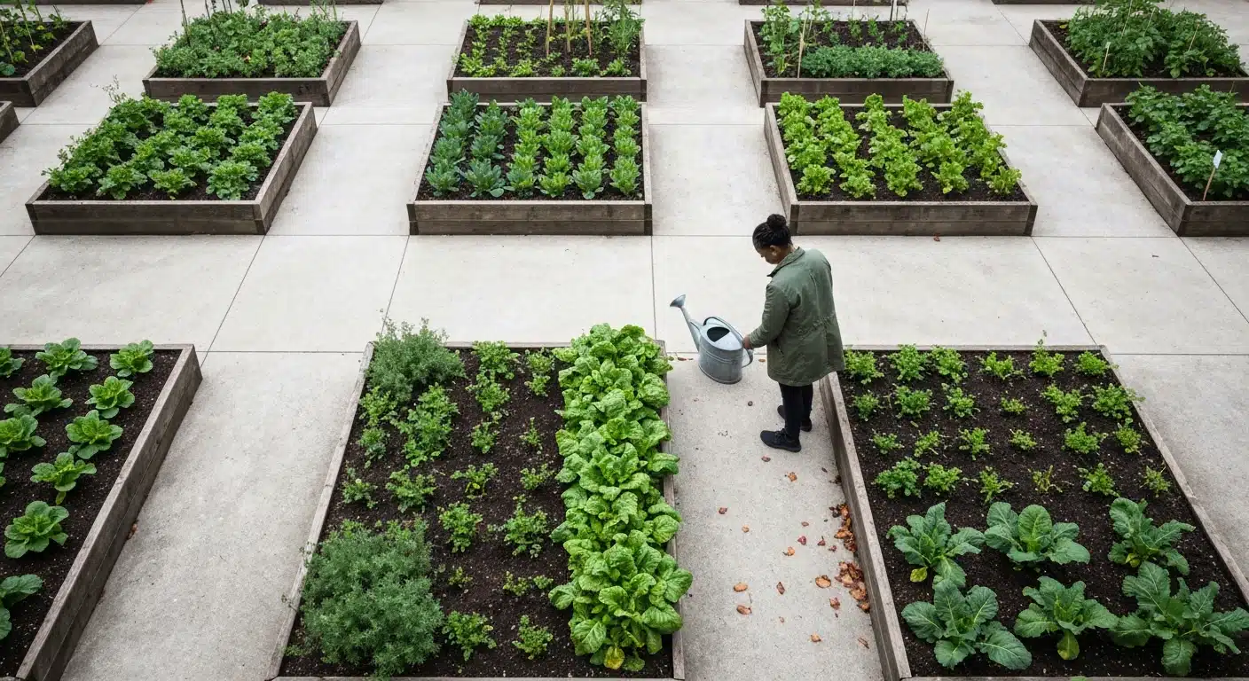 An aerial view of an urban community garden with geometric pathways, a person in a green jacket tending to plants, symbolizing creative problem-solving in modern city living.