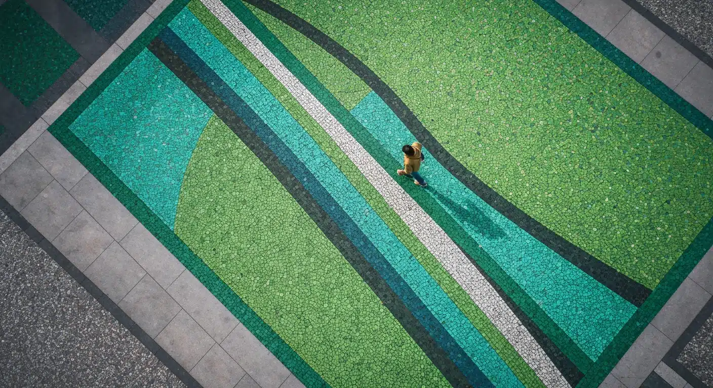 An aerial drone photograph of a person walking on a geometric mosaic pathway in a city plaza, symbolizing cultural and technological convergence.