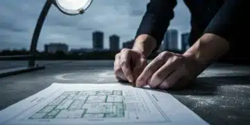 Close-up of hands placing a coffee bean on concrete next to urban farm blueprints, symbolizing creative ideas shaping city life.