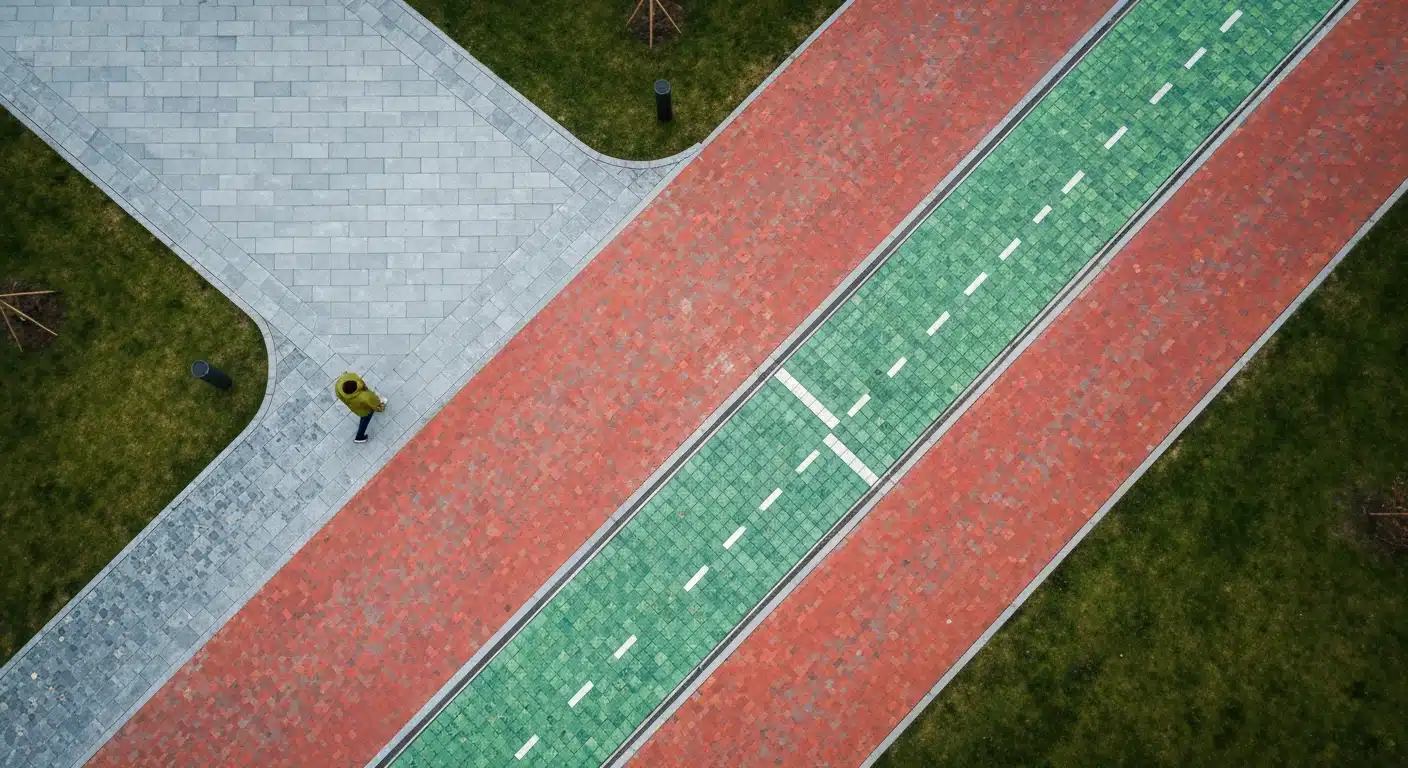 An aerial drone view of a modern urban park where three distinct pathways of stone, brick, and green glass converge, symbolizing the intersection of creativity, culture, and future trends.